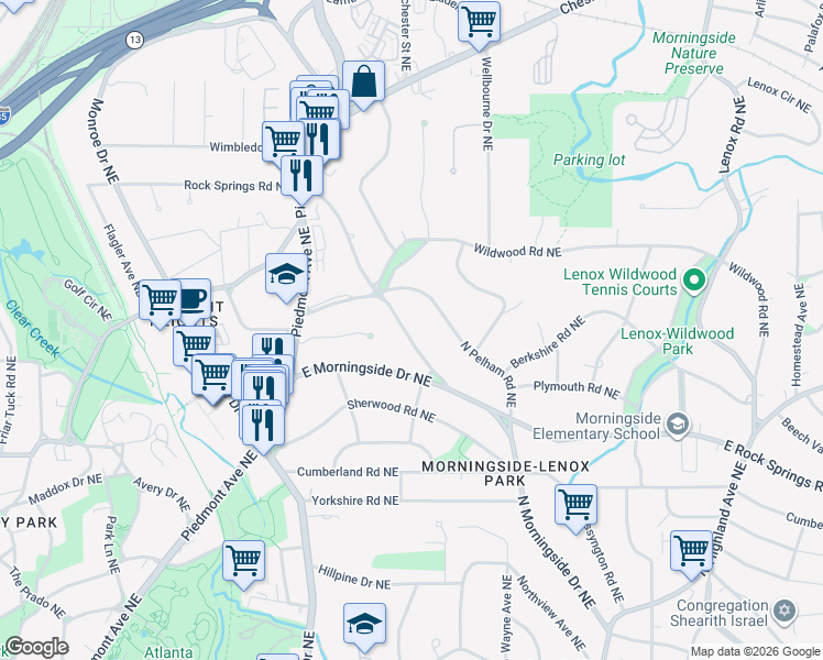 map of restaurants, bars, coffee shops, grocery stores, and more near 1695 North Rock Springs Road Northeast in Atlanta