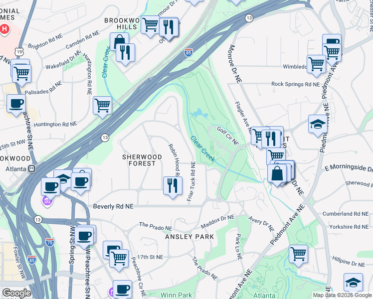 map of restaurants, bars, coffee shops, grocery stores, and more near 1700 Friar Tuck Road Northeast in Atlanta