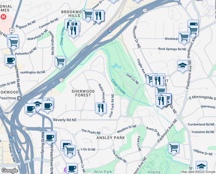 map of restaurants, bars, coffee shops, grocery stores, and more near 1692 Friar Tuck Road Northeast in Atlanta
