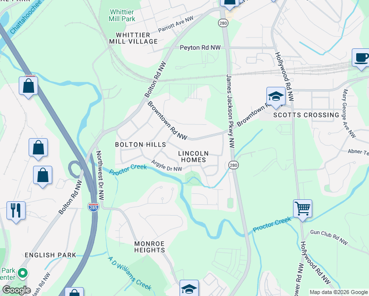 map of restaurants, bars, coffee shops, grocery stores, and more near 2815 Revere Drive Northwest in Atlanta