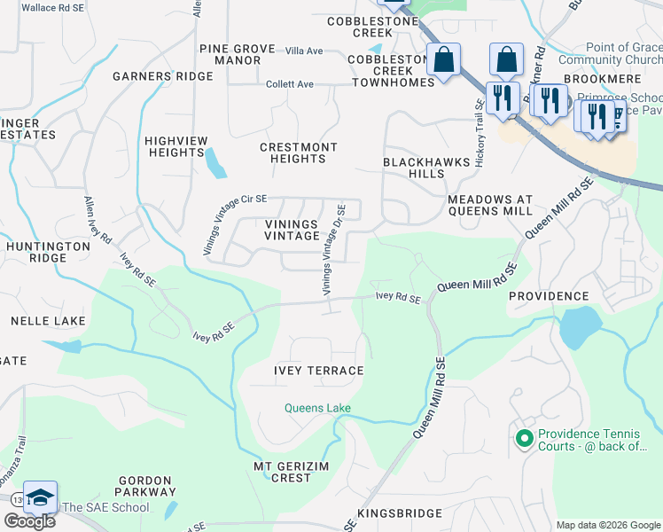 map of restaurants, bars, coffee shops, grocery stores, and more near 303 Vinings Vintage Circle in Mableton