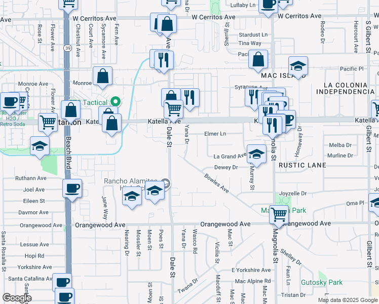 map of restaurants, bars, coffee shops, grocery stores, and more near 11142 Yana Drive in Garden Grove