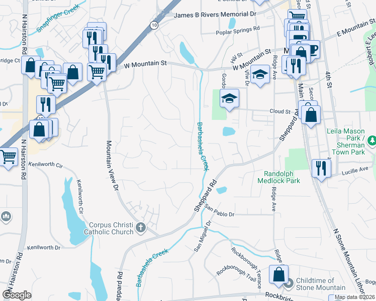 map of restaurants, bars, coffee shops, grocery stores, and more near 780 Needle Rock Drive in Stone Mountain