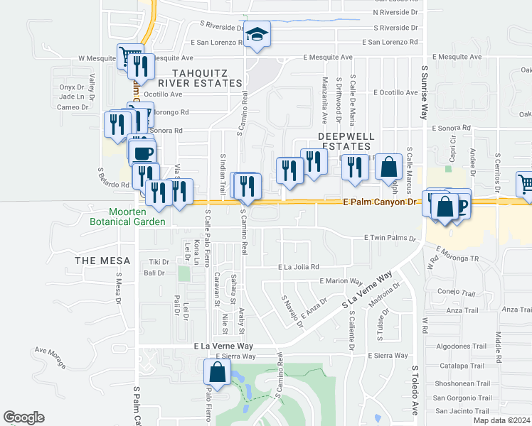 map of restaurants, bars, coffee shops, grocery stores, and more near 906 Oceo Circle South in Palm Springs