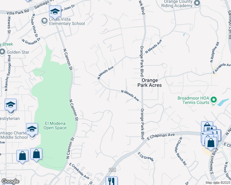 map of restaurants, bars, coffee shops, grocery stores, and more near 11107 North Meads Avenue in Orange