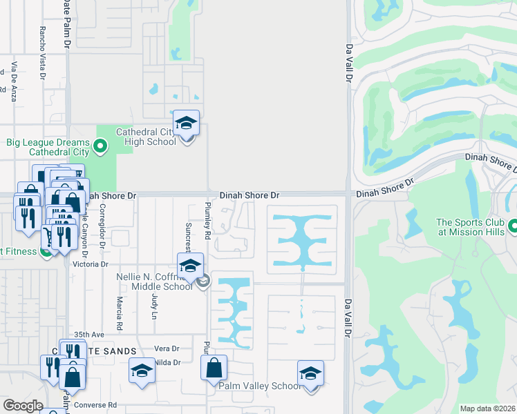 map of restaurants, bars, coffee shops, grocery stores, and more near 34121 Denise Way in Rancho Mirage