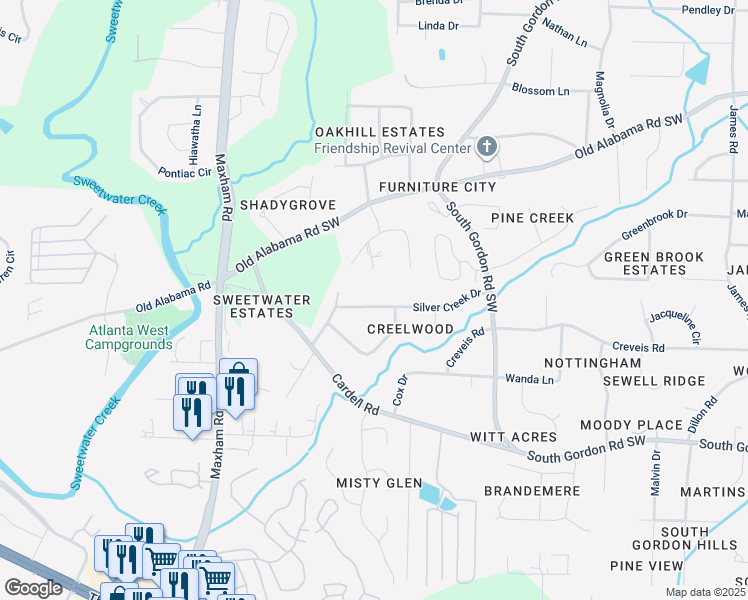 map of restaurants, bars, coffee shops, grocery stores, and more near 2026 Silver Creek Drive in Austell