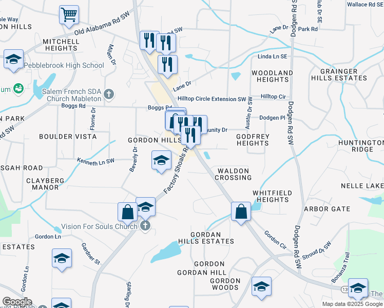 map of restaurants, bars, coffee shops, grocery stores, and more near 6278 Mableton Parkway Southwest in Mableton