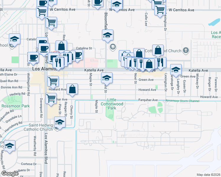 map of restaurants, bars, coffee shops, grocery stores, and more near 4031 Howard Avenue in Los Alamitos