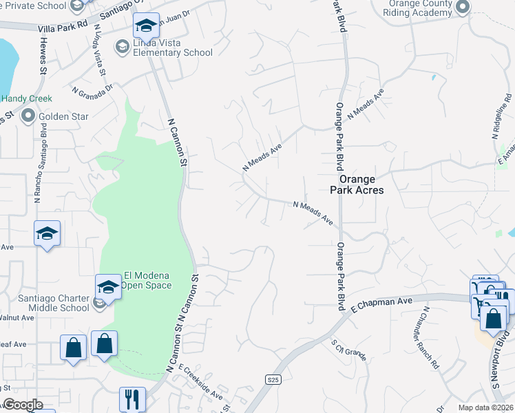 map of restaurants, bars, coffee shops, grocery stores, and more near 11091 North Meads Avenue in Orange