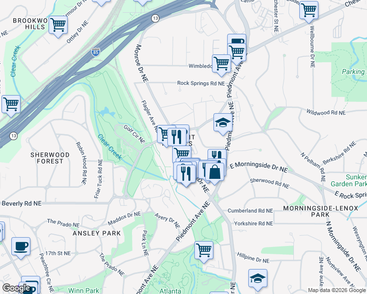 map of restaurants, bars, coffee shops, grocery stores, and more near 626 Ansley Circle Northeast in Atlanta