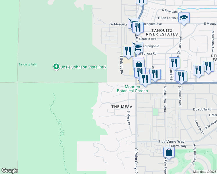 map of restaurants, bars, coffee shops, grocery stores, and more near 252 Ridge Road in Palm Springs