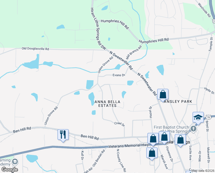 map of restaurants, bars, coffee shops, grocery stores, and more near 6335 Joanna Street in Lithia Springs