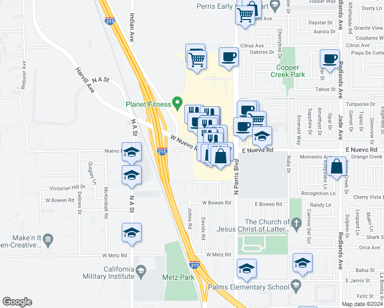 map of restaurants, bars, coffee shops, grocery stores, and more near 119 West Nuevo Road in Perris