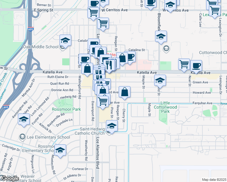 map of restaurants, bars, coffee shops, grocery stores, and more near 3647 Howard Avenue in Los Alamitos