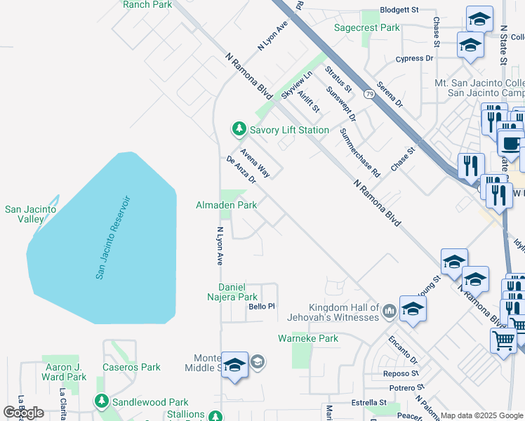 map of restaurants, bars, coffee shops, grocery stores, and more near 1433 Chardonnay Place in San Jacinto
