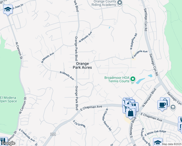 map of restaurants, bars, coffee shops, grocery stores, and more near 752 North Creekview Drive in Orange