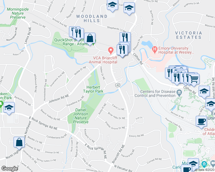 map of restaurants, bars, coffee shops, grocery stores, and more near 1499 Kay Lane Northeast in Atlanta
