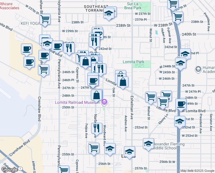 map of restaurants, bars, coffee shops, grocery stores, and more near 2127 247th Street in Lomita