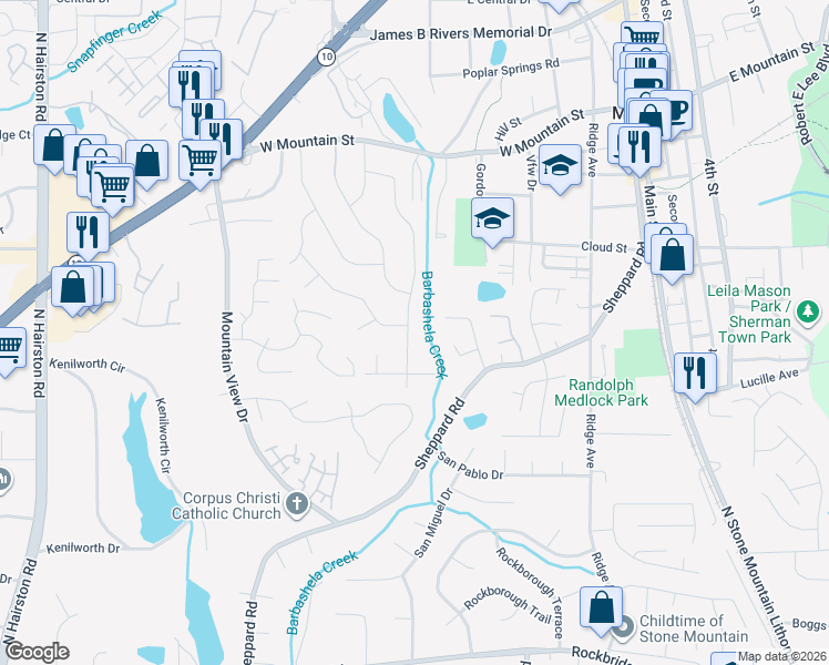 map of restaurants, bars, coffee shops, grocery stores, and more near 780 Needle Rock Drive in Stone Mountain