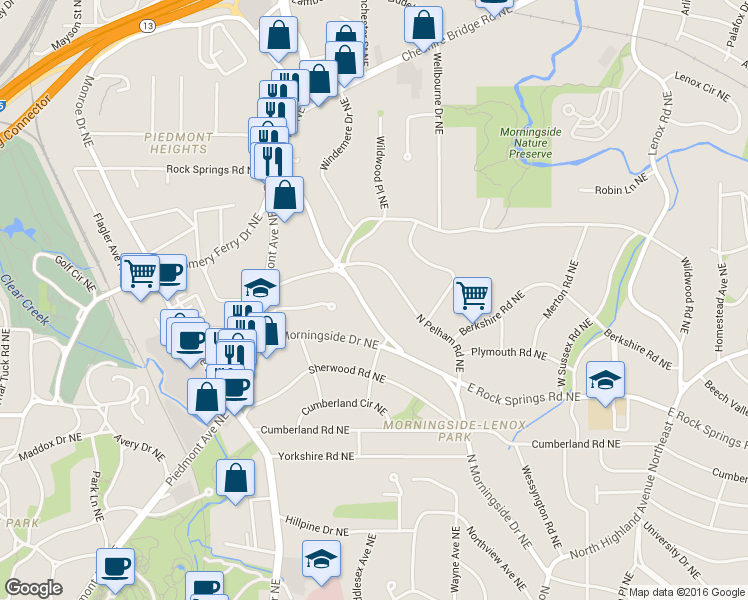 map of restaurants, bars, coffee shops, grocery stores, and more near 1695 North Rock Springs Road Northeast in Atlanta