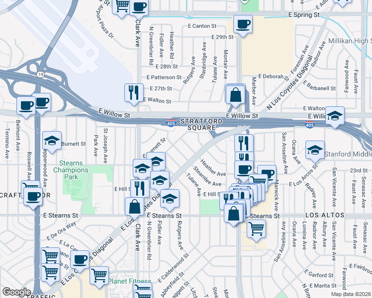 map of restaurants, bars, coffee shops, grocery stores, and more near 2425 Heather Avenue in Long Beach