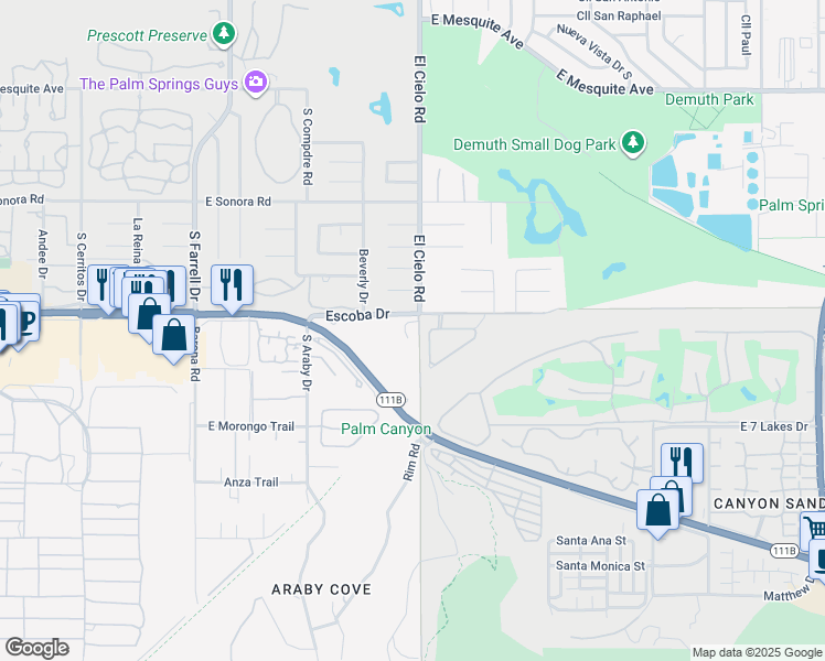 map of restaurants, bars, coffee shops, grocery stores, and more near 1849 El Cielo Road in Palm Springs