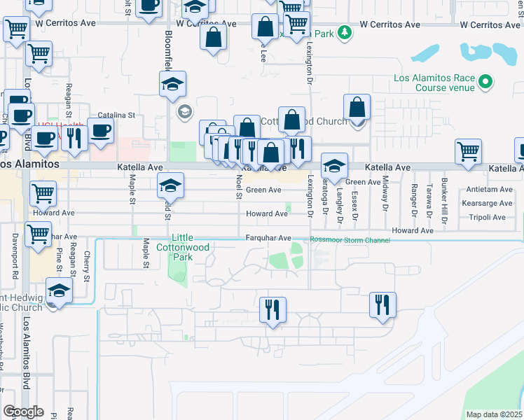 map of restaurants, bars, coffee shops, grocery stores, and more near 4311 Howard Avenue in Los Alamitos