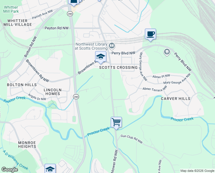 map of restaurants, bars, coffee shops, grocery stores, and more near 1634 Hollywood Road Northwest in Atlanta