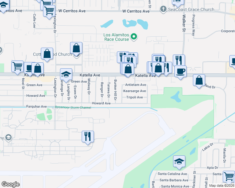 map of restaurants, bars, coffee shops, grocery stores, and more near 11141 Bennington Street in Los Alamitos