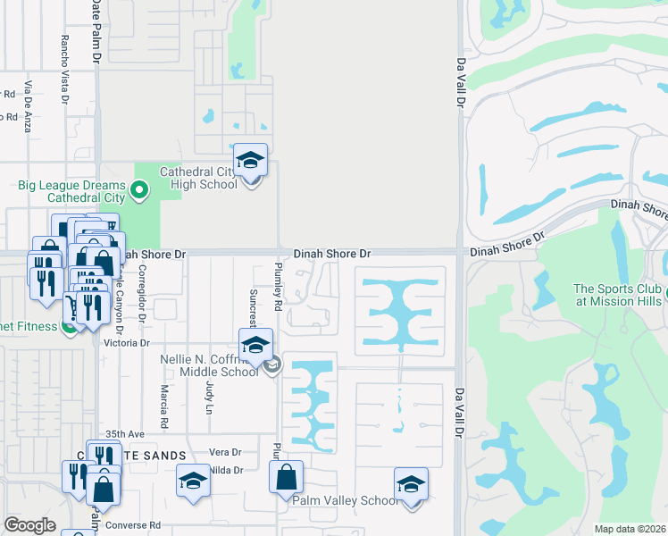 map of restaurants, bars, coffee shops, grocery stores, and more near 34071 Denise Way in Rancho Mirage