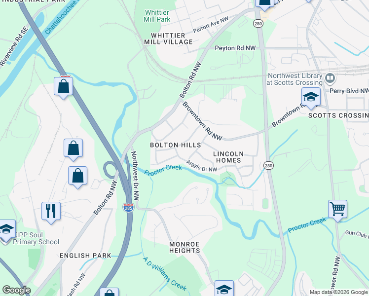 map of restaurants, bars, coffee shops, grocery stores, and more near 1673 Barrett Dr NW in Atlanta