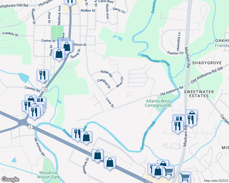 map of restaurants, bars, coffee shops, grocery stores, and more near 2618 Wren Circle in Austell