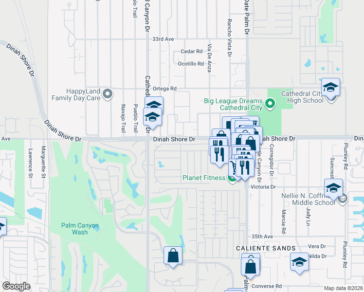 map of restaurants, bars, coffee shops, grocery stores, and more near 263 Coble Drive in Cathedral City