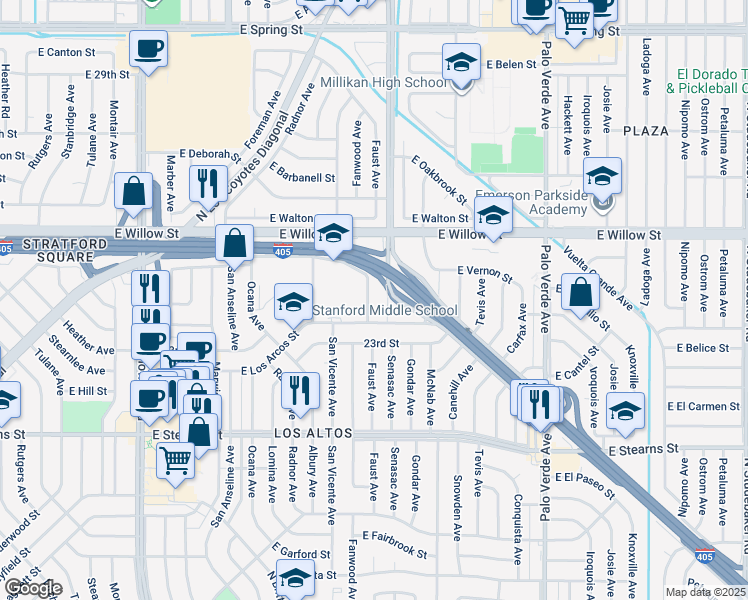 map of restaurants, bars, coffee shops, grocery stores, and more near 2360 Fanwood Avenue in Long Beach