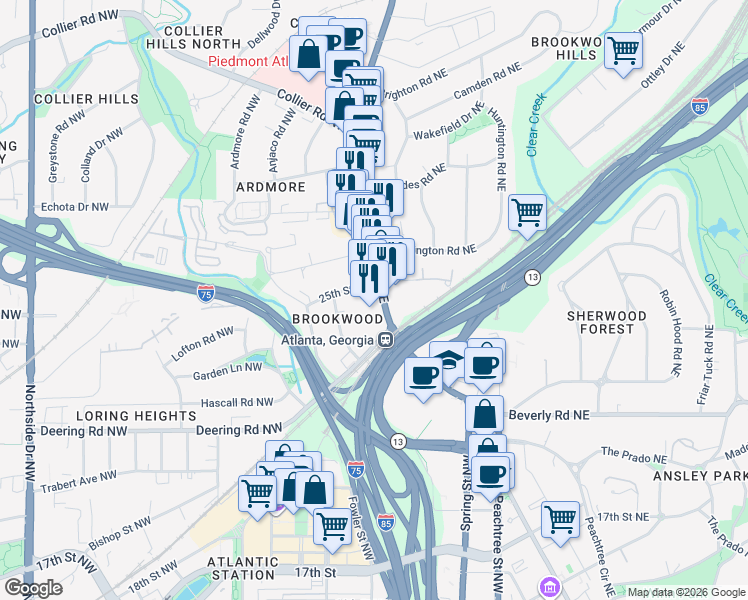 map of restaurants, bars, coffee shops, grocery stores, and more near 1718 Peachtree Street Northwest in Atlanta