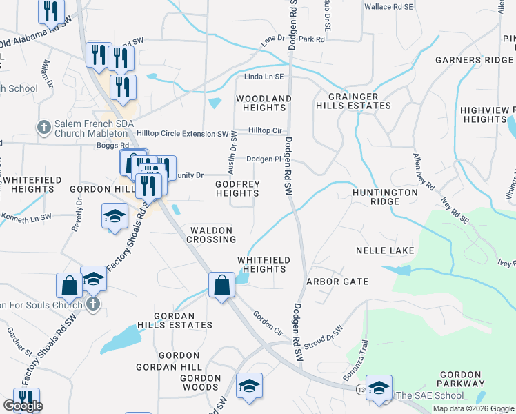 map of restaurants, bars, coffee shops, grocery stores, and more near 6279 Godfrey Dr in Mableton