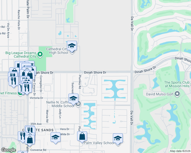 map of restaurants, bars, coffee shops, grocery stores, and more near 34121 Denise Way in Rancho Mirage