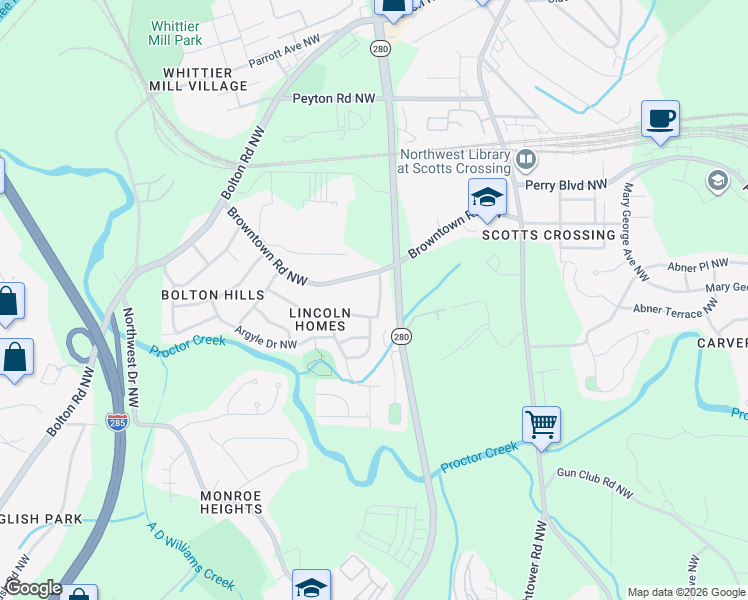 map of restaurants, bars, coffee shops, grocery stores, and more near 1674 Audrey Place Northwest in Atlanta