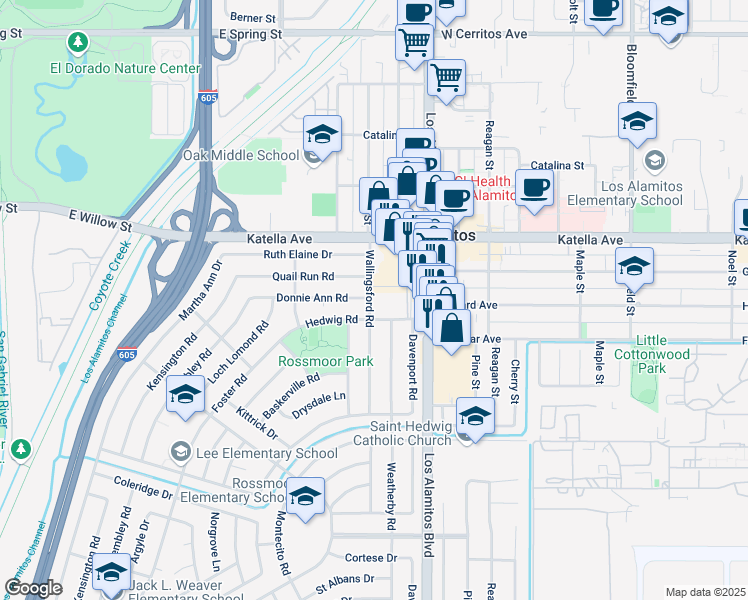 map of restaurants, bars, coffee shops, grocery stores, and more near 11152 Wallingsford Road in Rossmoor