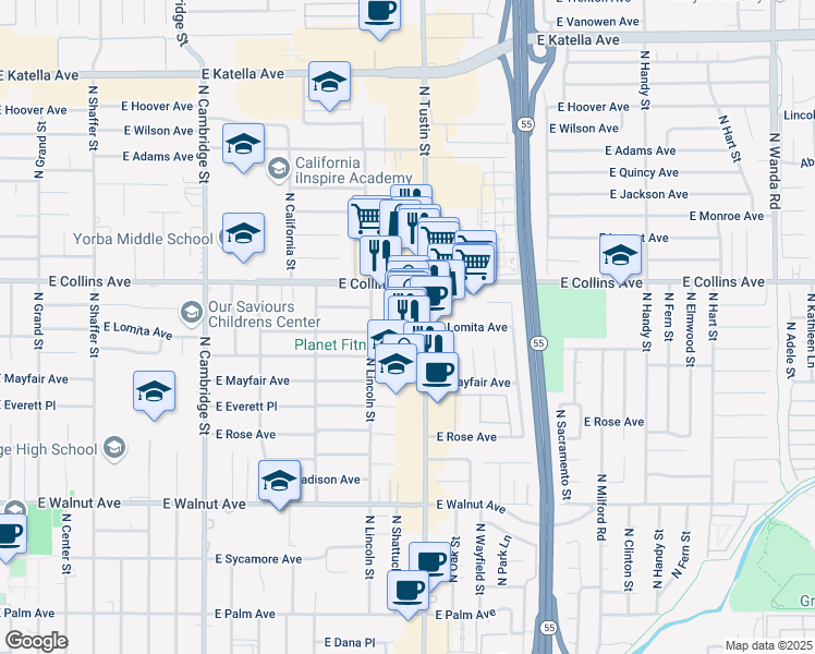 map of restaurants, bars, coffee shops, grocery stores, and more near 830 North Shattuck Place in Orange