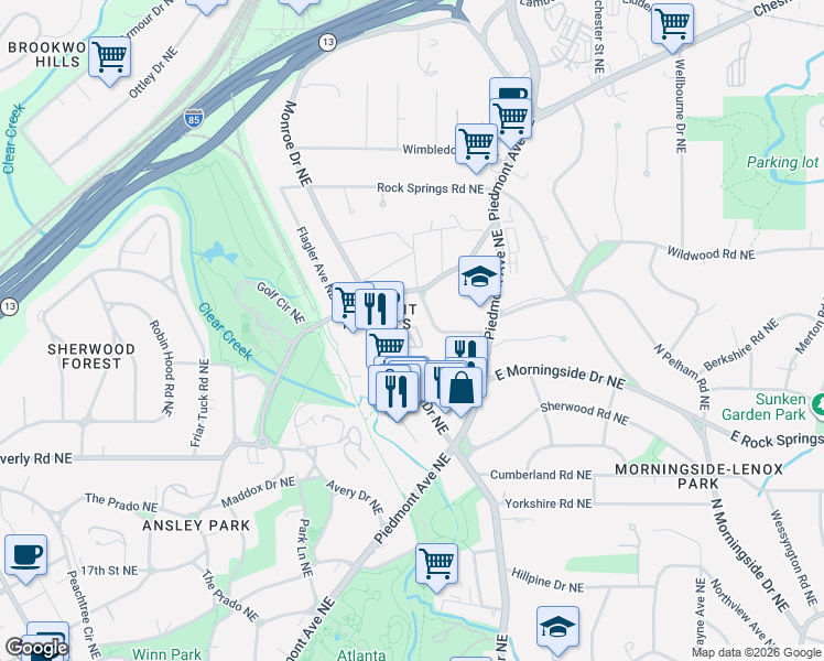 map of restaurants, bars, coffee shops, grocery stores, and more near 515 Ansley Circle Northeast in Atlanta