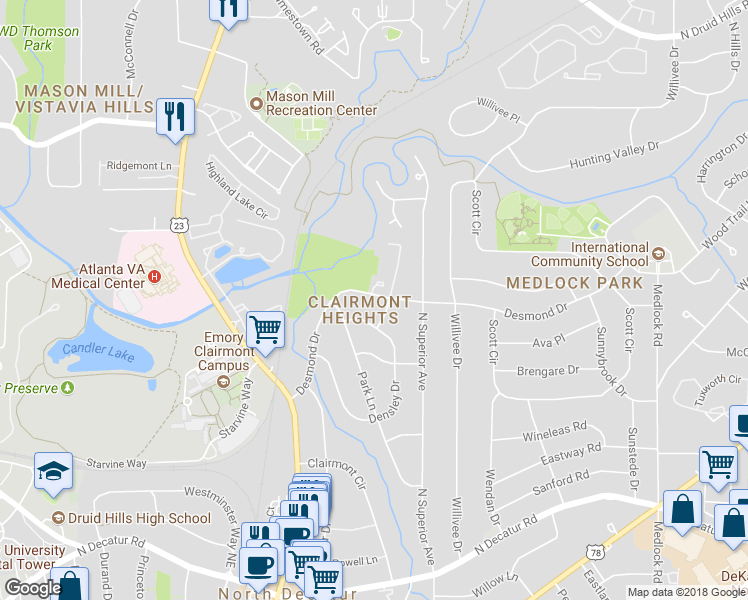 map of restaurants, bars, coffee shops, grocery stores, and more near 2119 Desmond Drive in Decatur