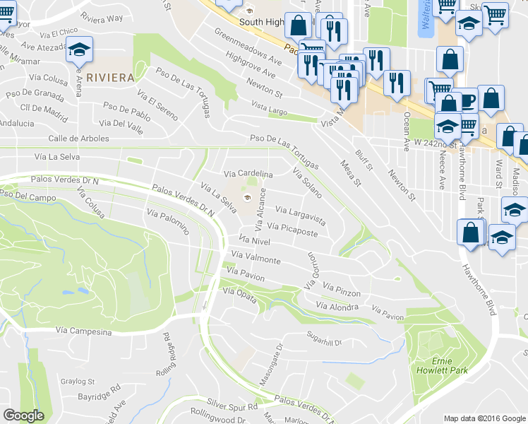map of restaurants, bars, coffee shops, grocery stores, and more near 300 Vía Alcance in Palos Verdes Estates