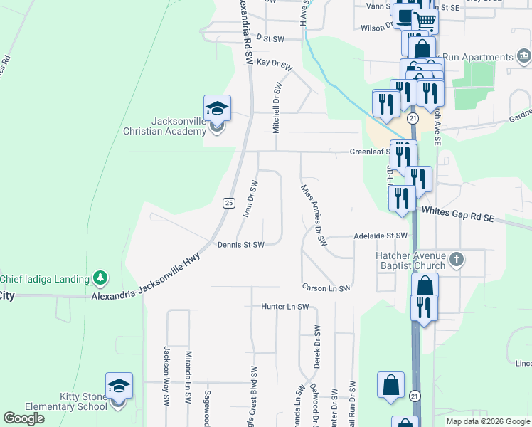 map of restaurants, bars, coffee shops, grocery stores, and more near 920 Henry Court Southwest in Jacksonville