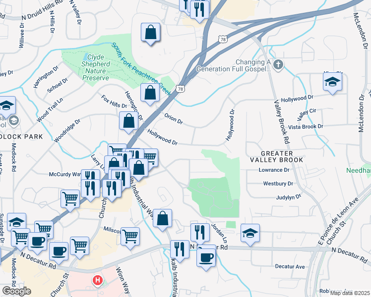 map of restaurants, bars, coffee shops, grocery stores, and more near 2781 Hollywood Drive in Decatur