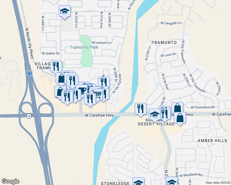map of restaurants, bars, coffee shops, grocery stores, and more near 34819 North 30th Drive in Phoenix