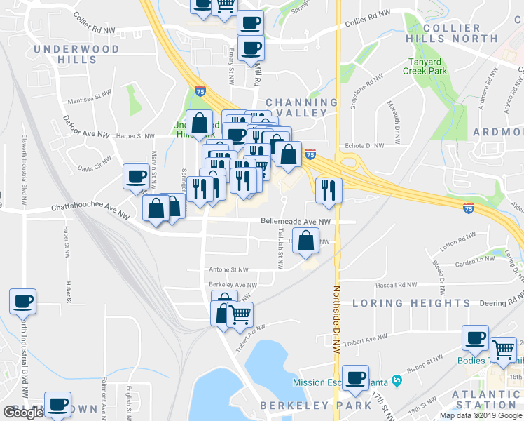 map of restaurants, bars, coffee shops, grocery stores, and more near 735 Bellemeade Avenue Northwest in Atlanta