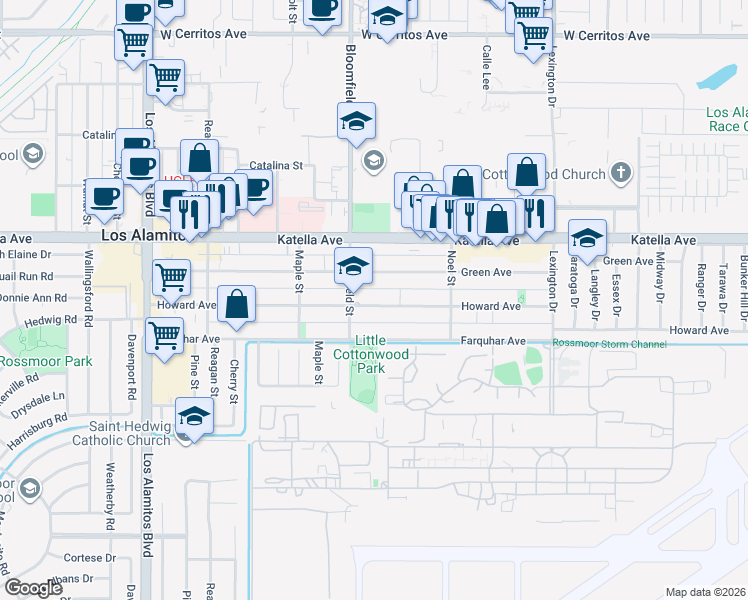 map of restaurants, bars, coffee shops, grocery stores, and more near 4051 Howard Avenue in Los Alamitos