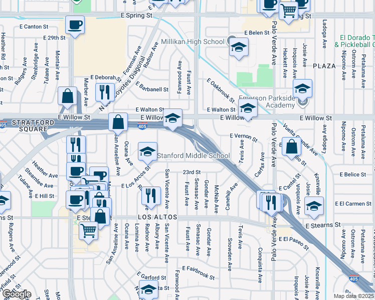 map of restaurants, bars, coffee shops, grocery stores, and more near 2360 Fanwood Avenue in Long Beach
